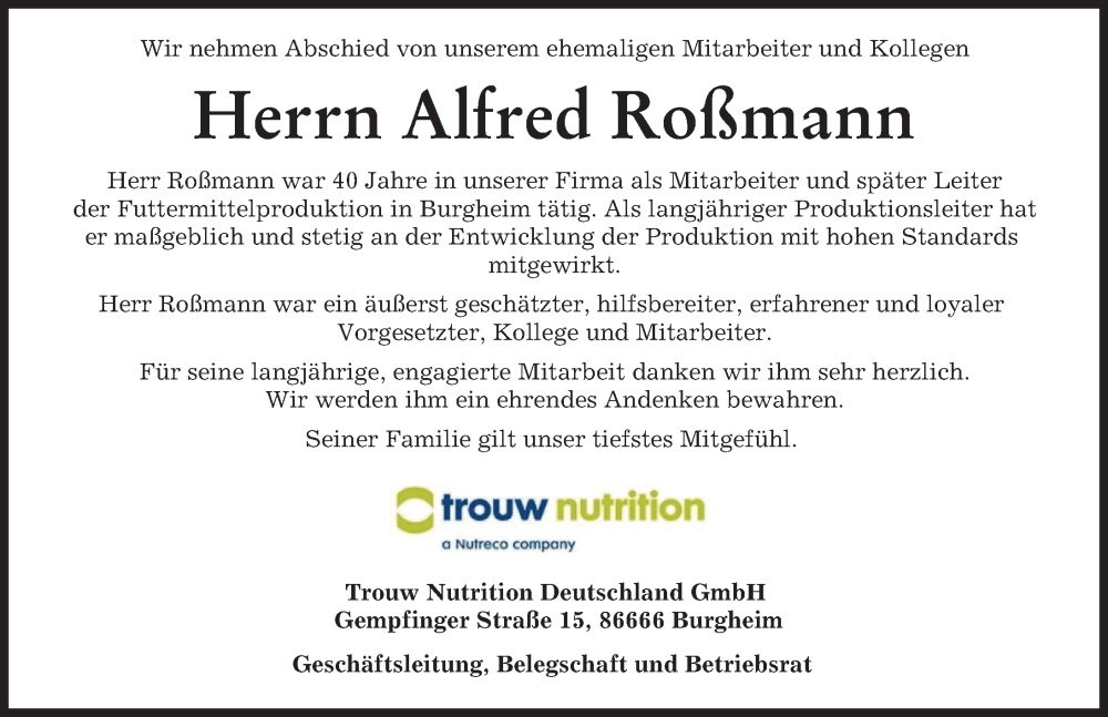 Traueranzeige von Alfred Roßmann von Donauwörther Zeitung, Neuburger Rundschau