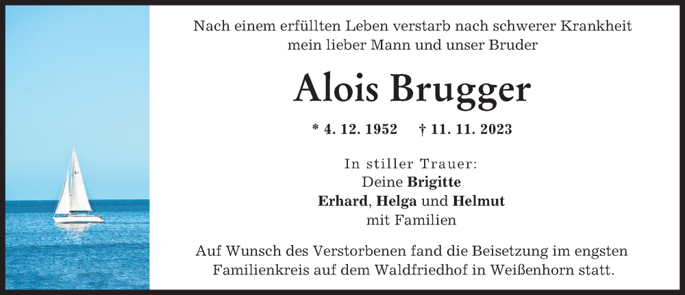 Traueranzeige von Alois Brugger von Neu-Ulmer Zeitung