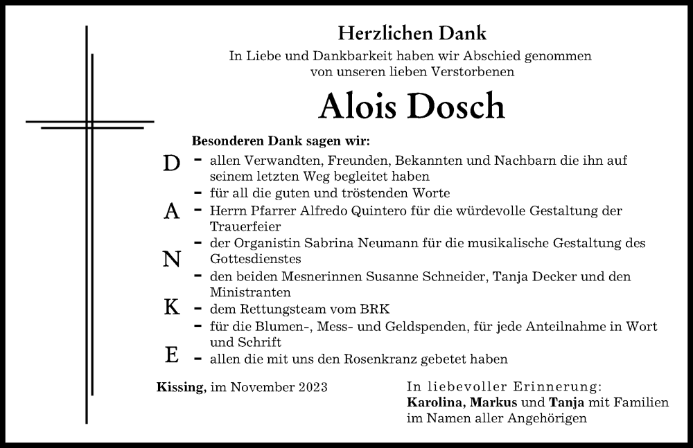 Traueranzeige von Alois Dosch von Friedberger Allgemeine