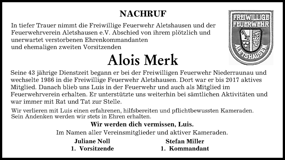 Traueranzeige von Alois Merk von Mittelschwäbische Nachrichten