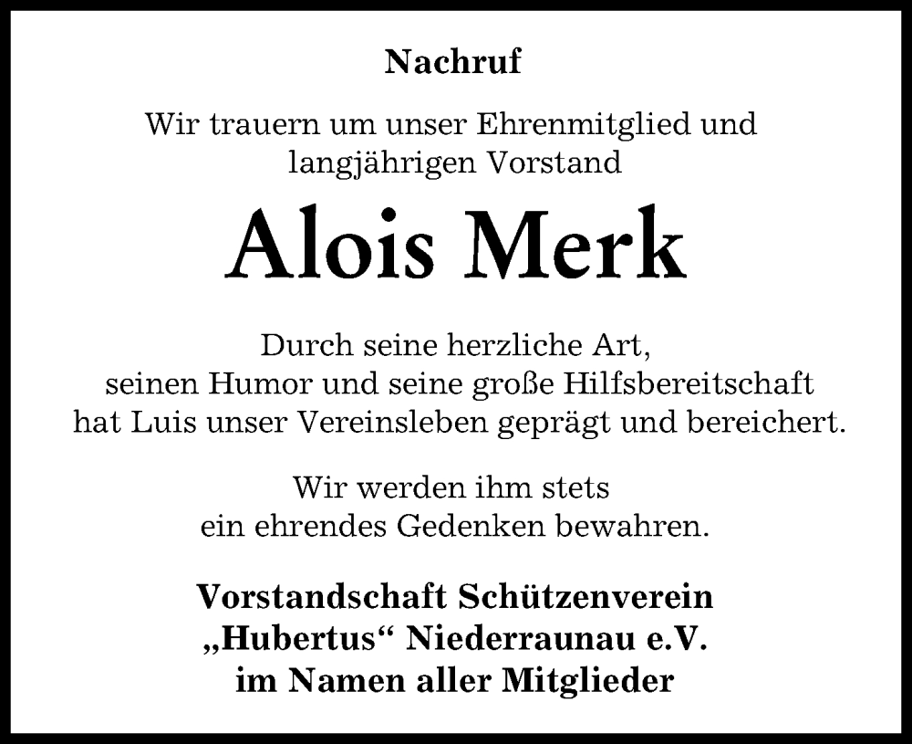 Traueranzeige von Alois Merk von Mittelschwäbische Nachrichten