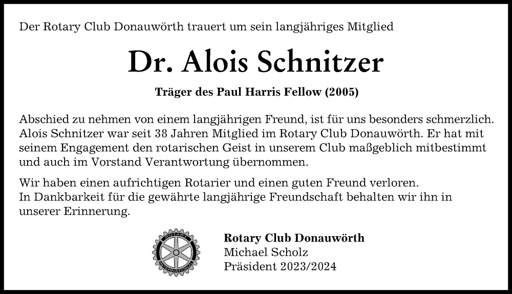 Traueranzeige von Alois Schnitzer von Donauwörther Zeitung