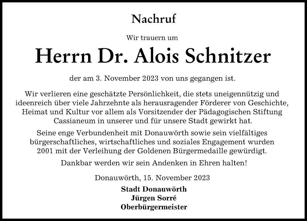 Traueranzeige von Alois Schnitzer von Donauwörther Zeitung