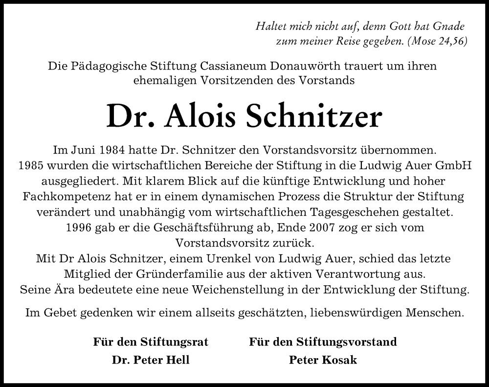 Traueranzeige von Alois Schnitzer von Donauwörther Zeitung