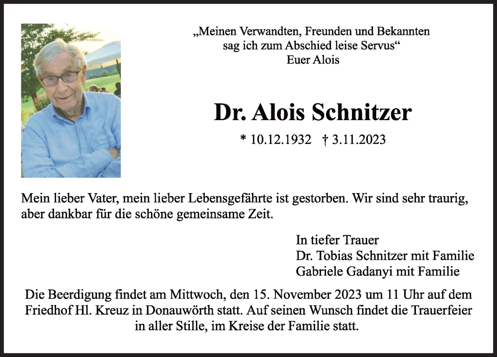 Traueranzeige von Alois Schnitzer von Donauwörther Zeitung