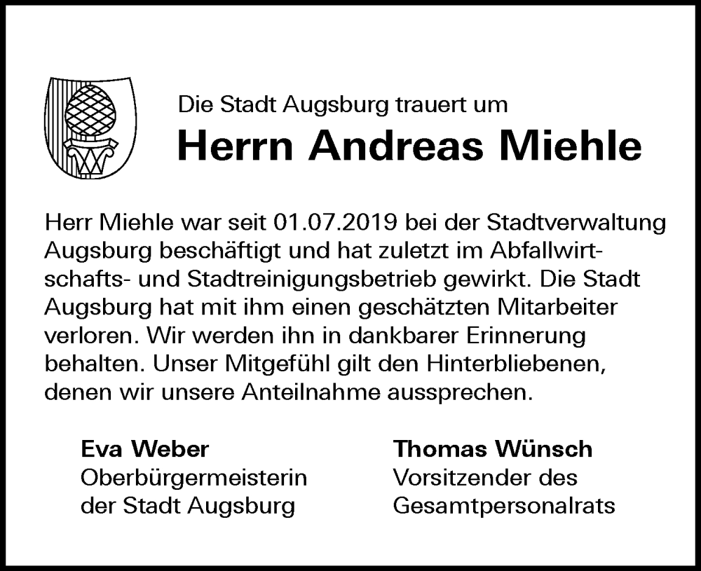  Traueranzeige für Andreas Miehle vom 01.12.2023 aus Augsburger Allgemeine