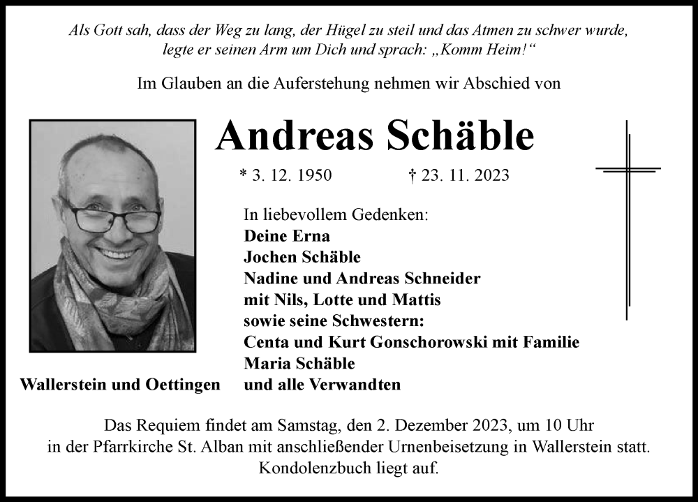  Traueranzeige für Andreas Schäble vom 30.11.2023 aus Rieser Nachrichten