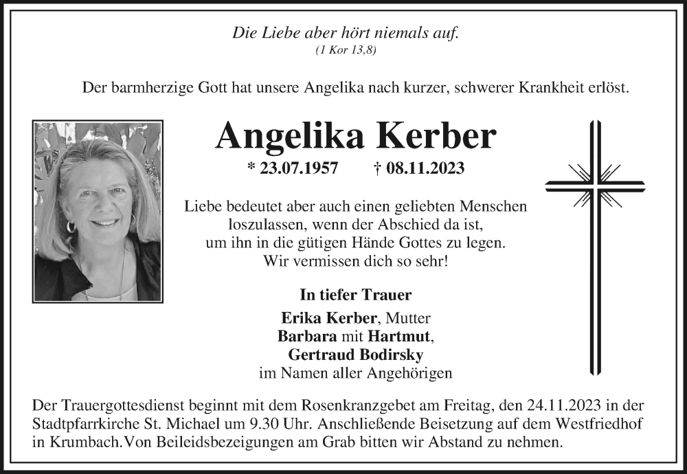 Traueranzeige von Angelika Kerber von Mittelschwäbische Nachrichten