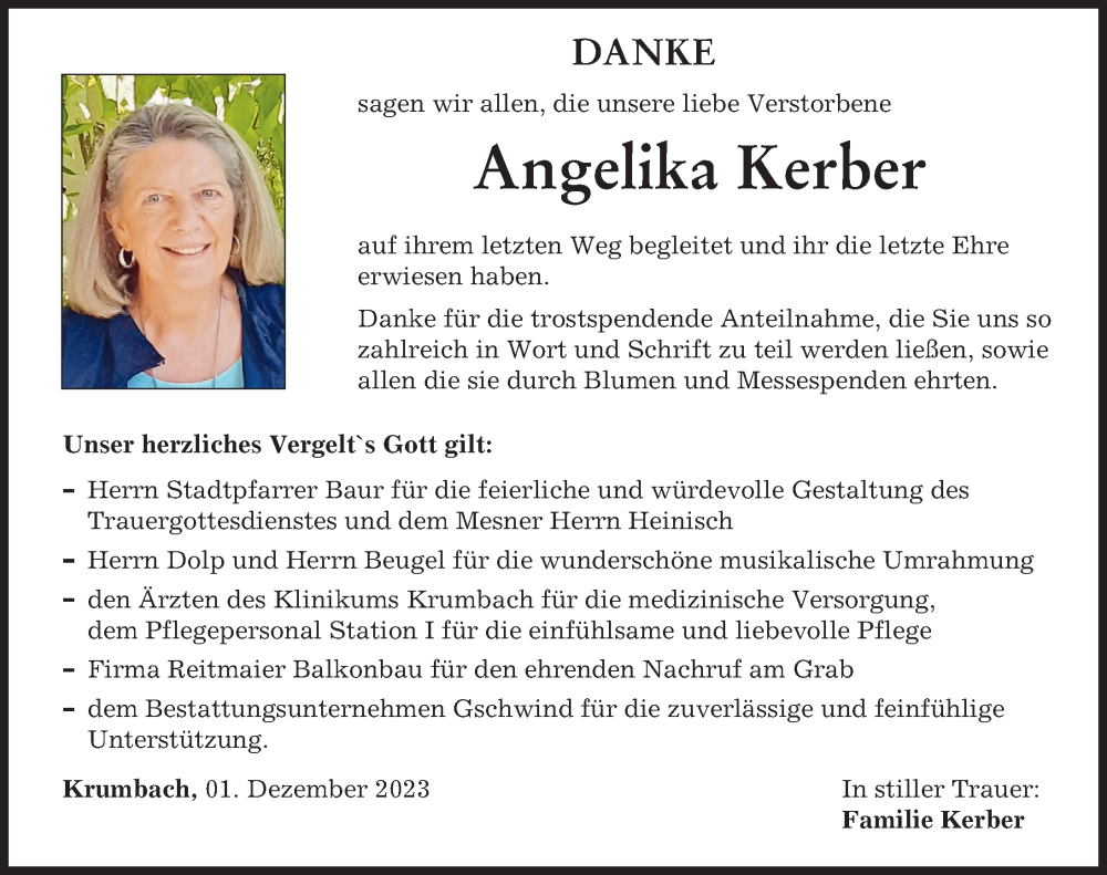  Traueranzeige für Angelika Kerber vom 01.12.2023 aus Mittelschwäbische Nachrichten