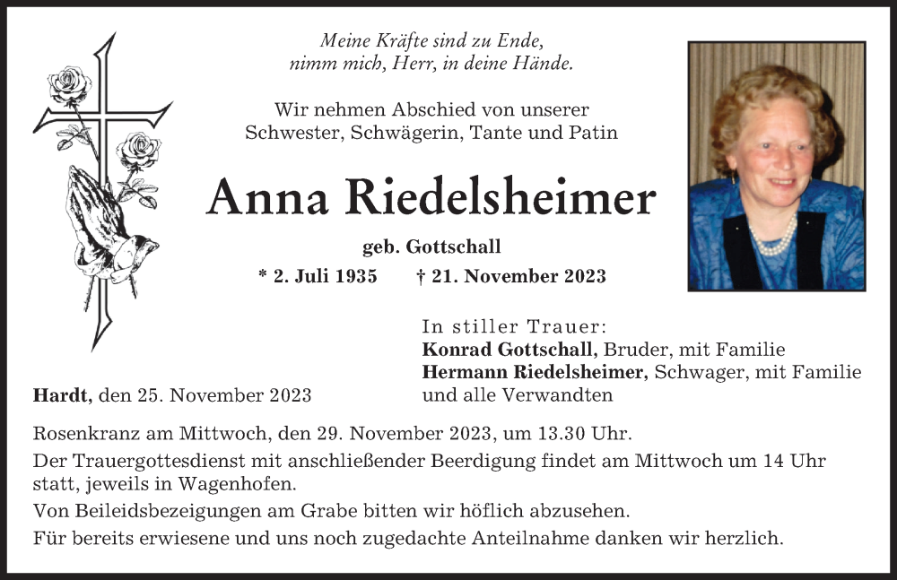  Traueranzeige für Anna Riedelsheimer vom 25.11.2023 aus Neuburger Rundschau