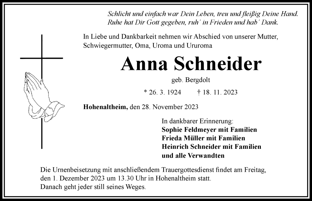  Traueranzeige für Anna Schneider vom 29.11.2023 aus Rieser Nachrichten