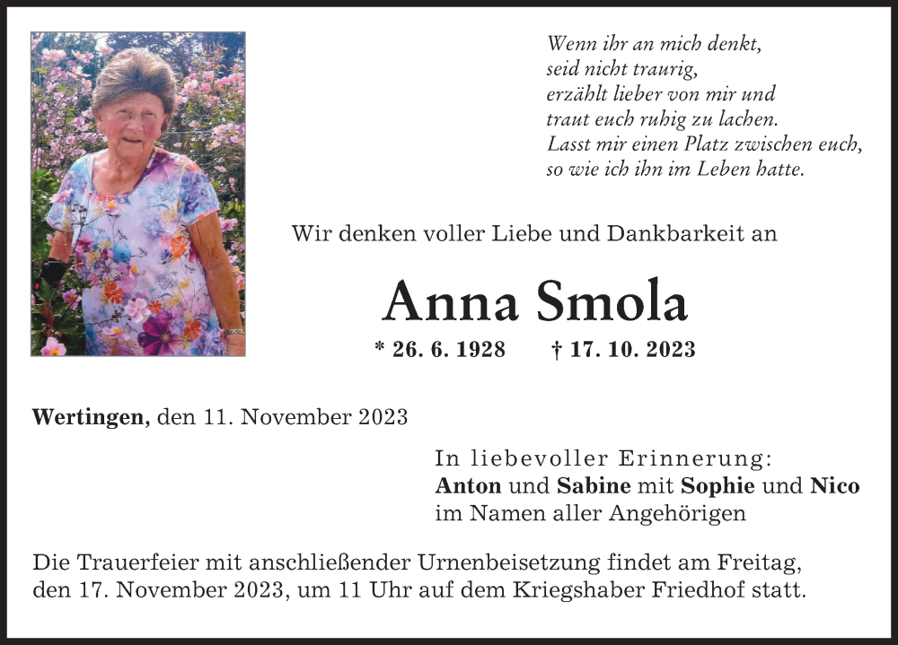 Traueranzeige von Anna Smola von Wertinger Zeitung