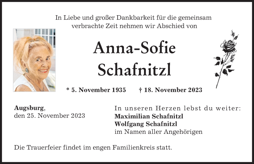  Traueranzeige für Anna-Sofie Schafnitzl vom 25.11.2023 aus Augsburger Allgemeine