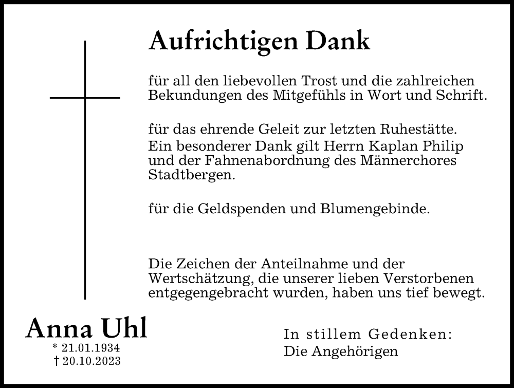 Traueranzeige von Anna Uhl von Augsburger Allgemeine