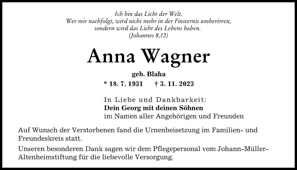  Traueranzeige für Anna Wagner vom 25.11.2023 aus Schwabmünchner Allgemeine