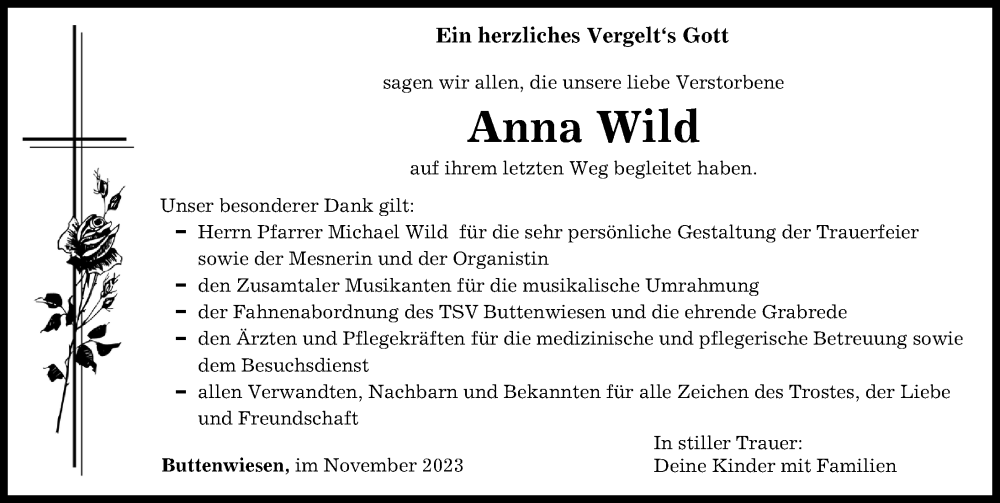  Traueranzeige für Anna Wild vom 18.11.2023 aus Wertinger Zeitung