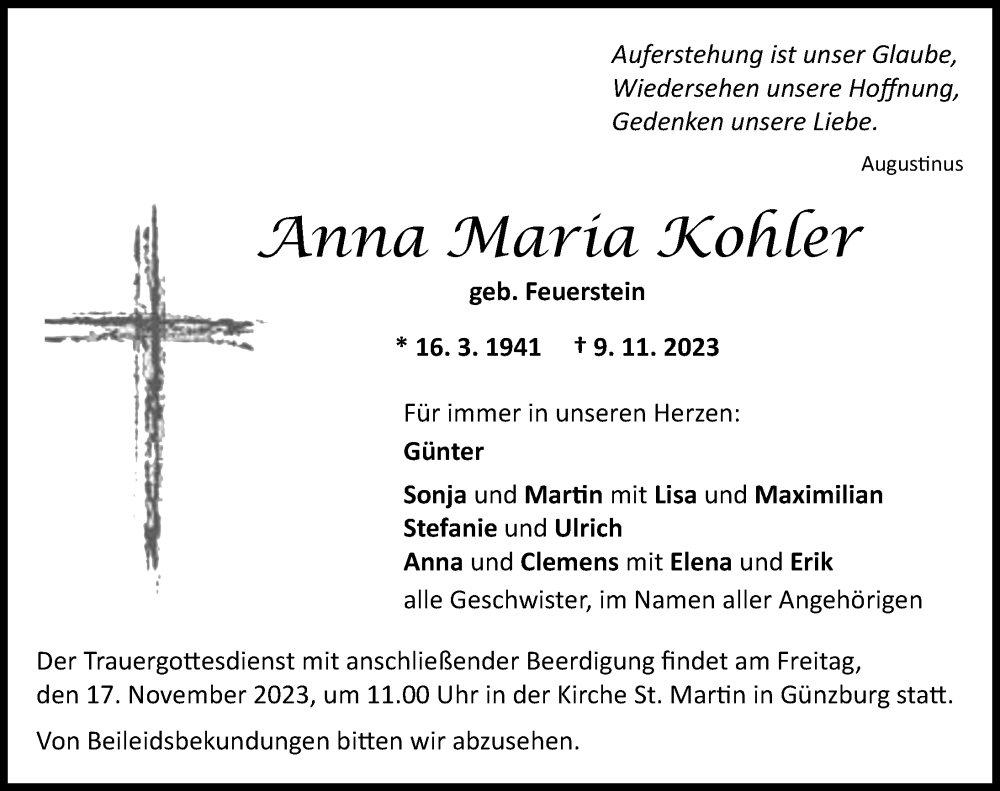 Traueranzeige von Anna Maria Kohler von Günzburger Zeitung