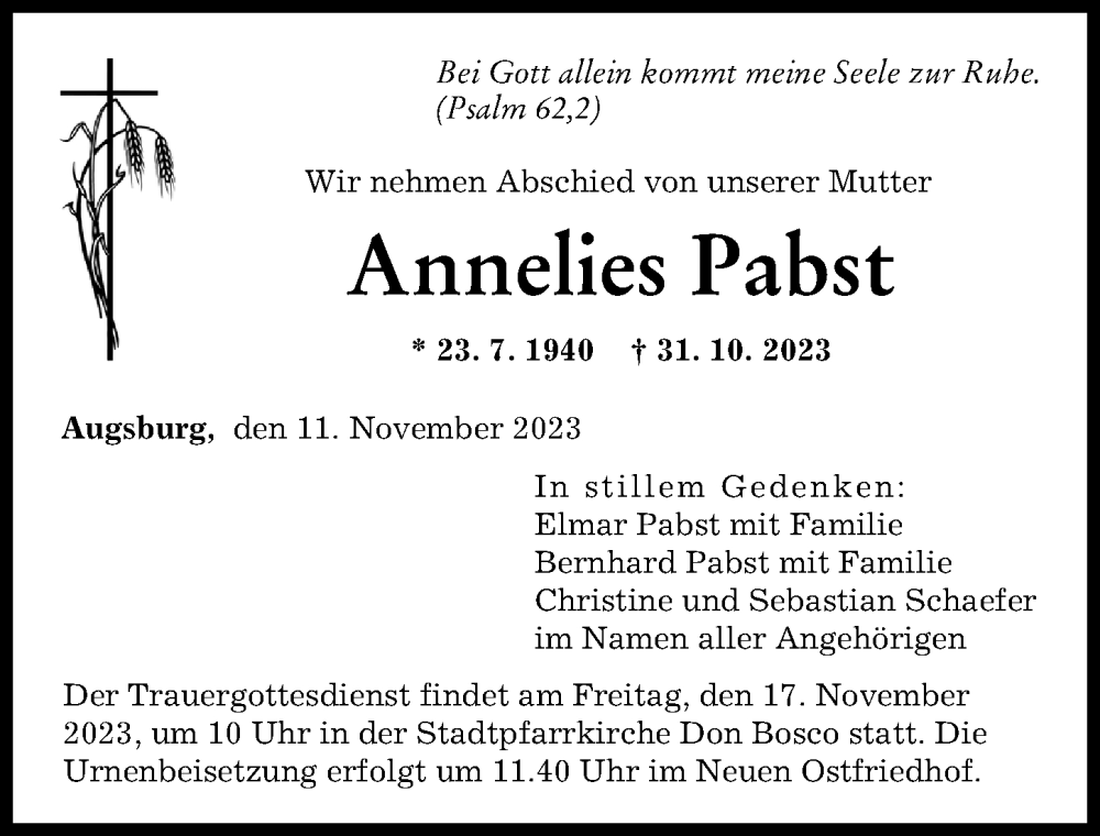 Traueranzeige von Annelies Pabst von Augsburger Allgemeine