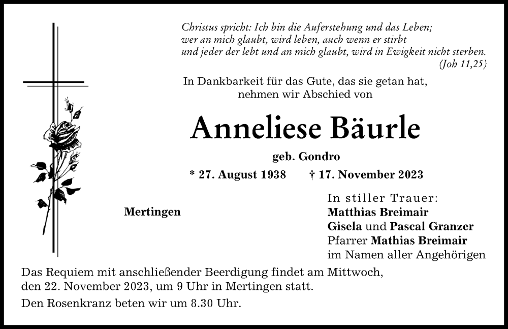  Traueranzeige für Anneliese Bäurle vom 20.11.2023 aus Donauwörther Zeitung