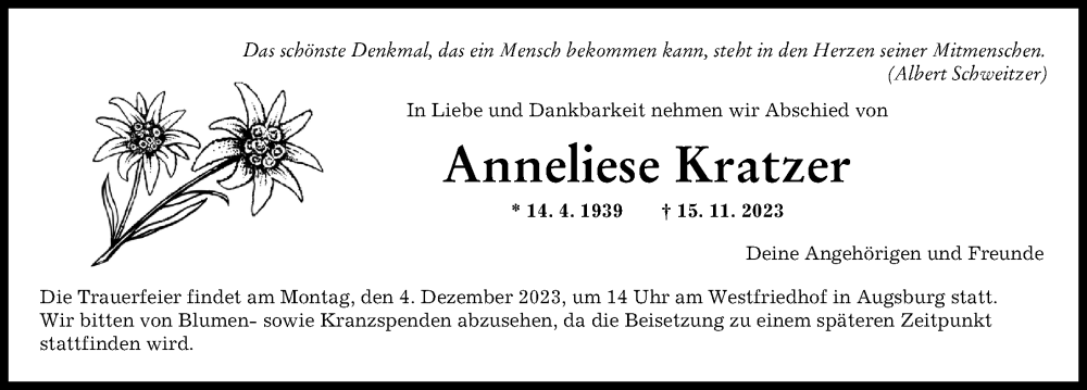 Traueranzeige von Anneliese Kratzer von Augsburger Allgemeine