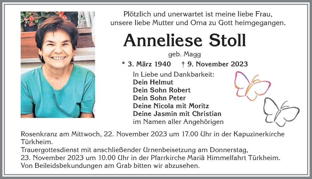  Traueranzeige für Anneliese Stoll vom 20.11.2023 aus Mindelheimer Zeitung