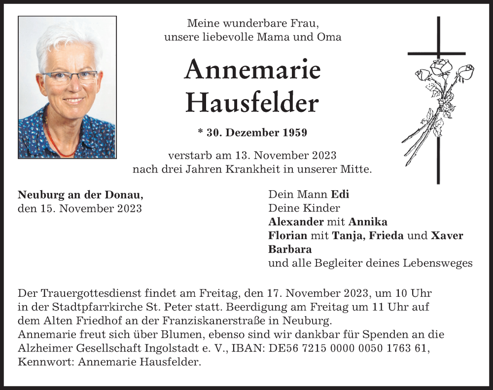 Traueranzeige von Annemarie Hausfelder von Neuburger Rundschau