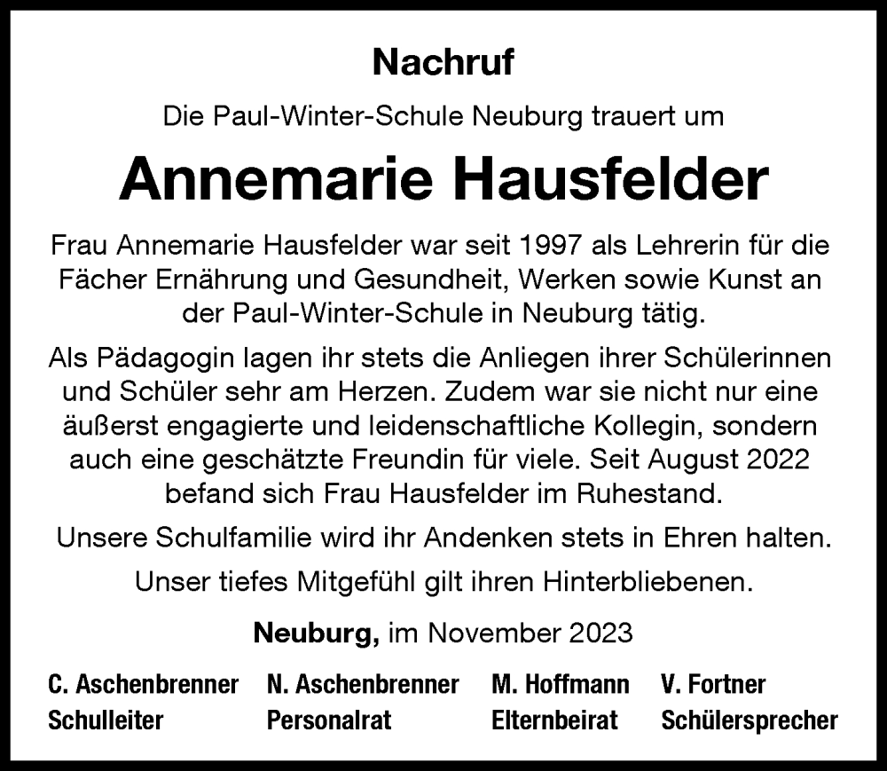 Traueranzeige von Annemarie Hausfelder von Neuburger Rundschau