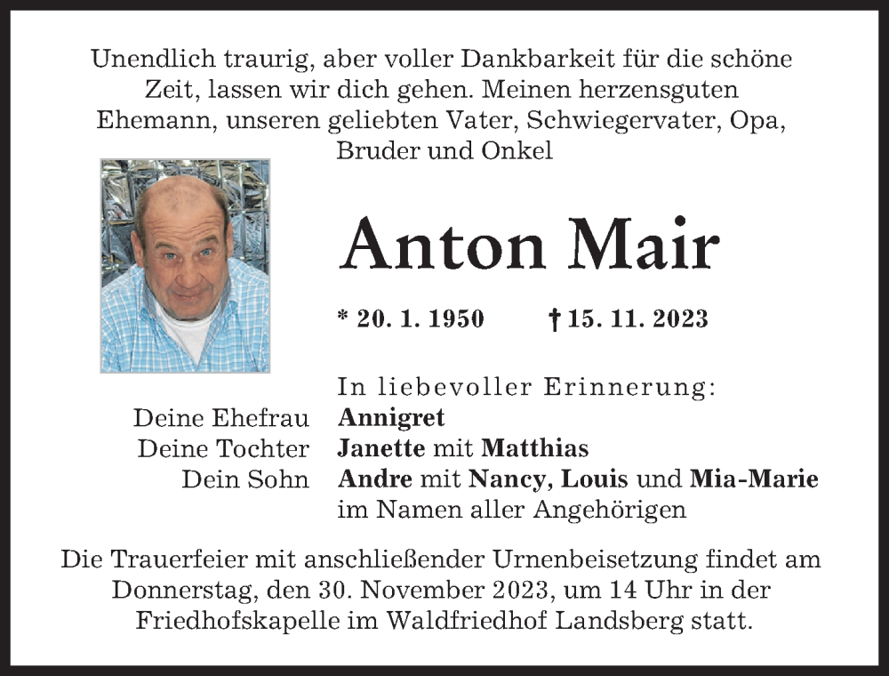  Traueranzeige für Anton Mair vom 25.11.2023 aus Landsberger Tagblatt
