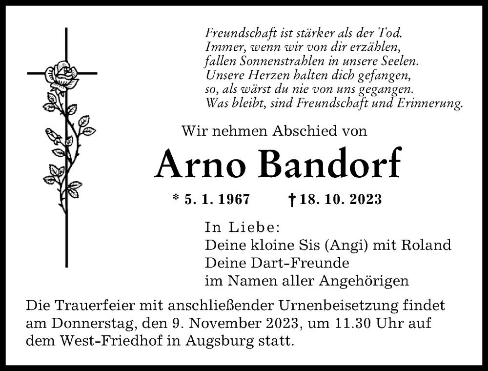 Traueranzeige von Arno Bandorf von Augsburger Allgemeine