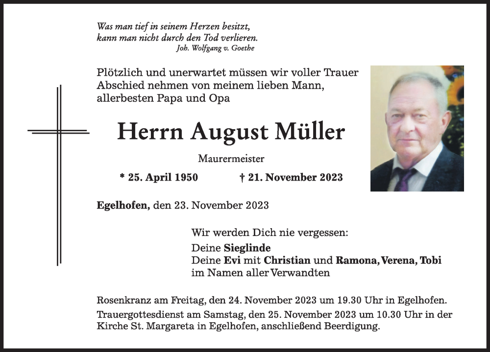  Traueranzeige für August Müller vom 23.11.2023 aus Mindelheimer Zeitung