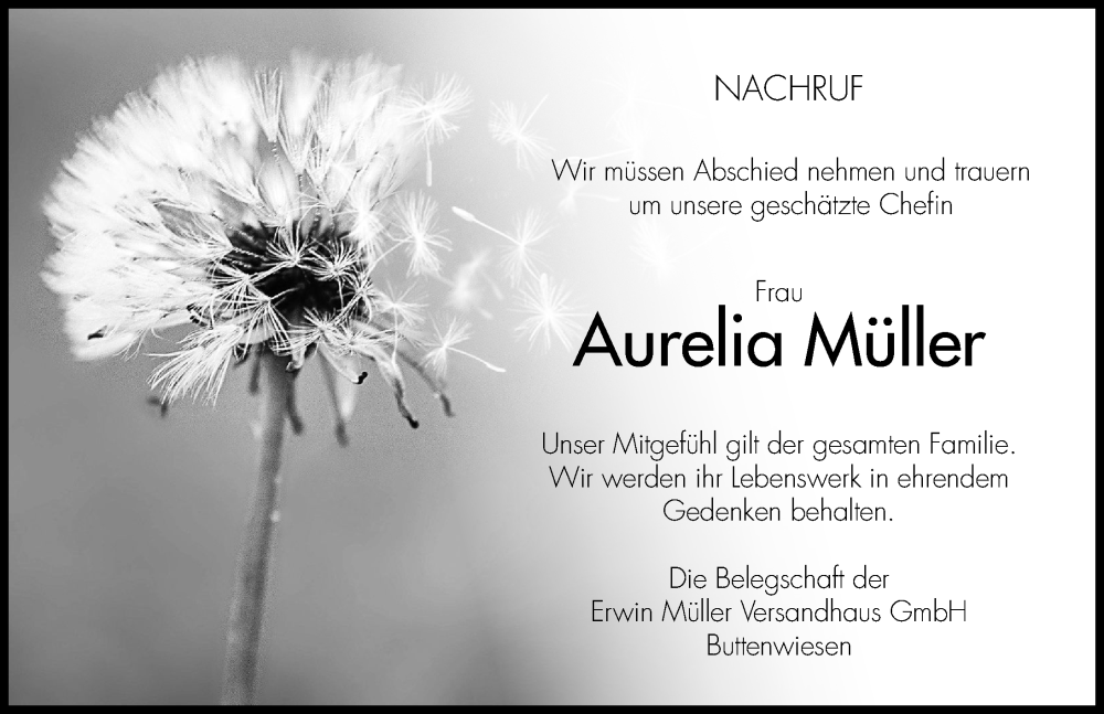  Traueranzeige für Aurelia Müller vom 17.11.2023 aus Wertinger Zeitung, Donau Zeitung, Donauwörther Zeitung, Augsburger Allgemeine
