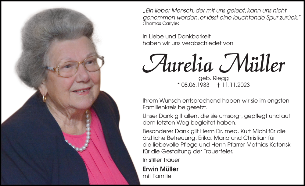 Traueranzeige von Aurelia Müller von Wertinger Zeitung, Donau Zeitung