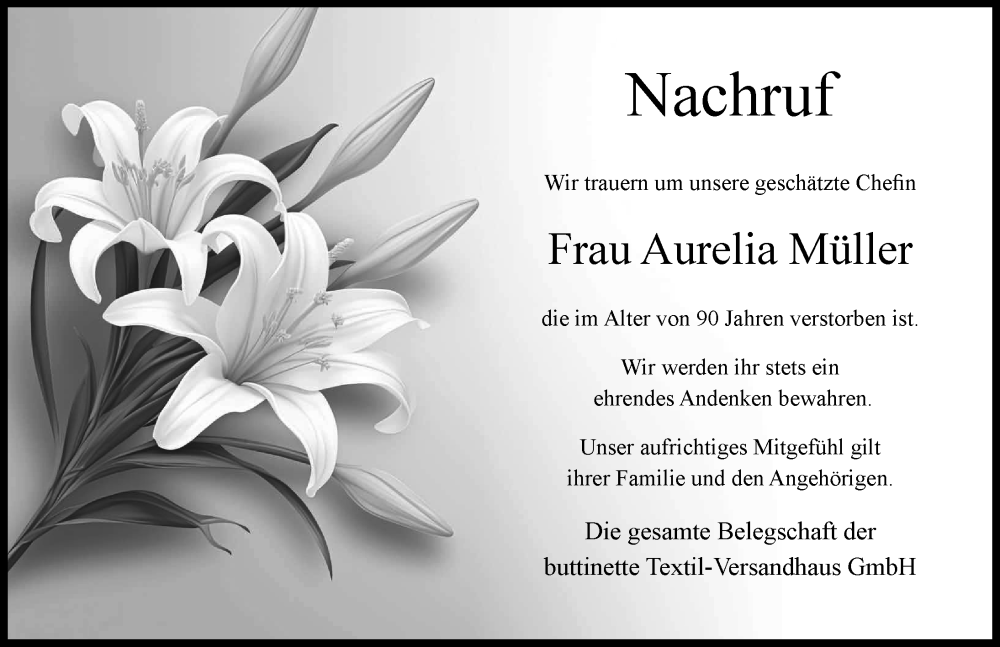  Traueranzeige für Aurelia Müller vom 18.11.2023 aus Wertinger Zeitung, Donau Zeitung