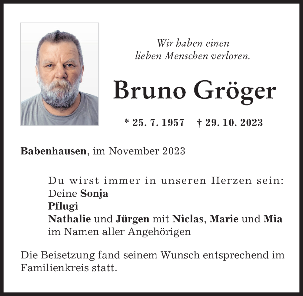 Traueranzeige von Bruno Gröger von Illertisser Zeitung