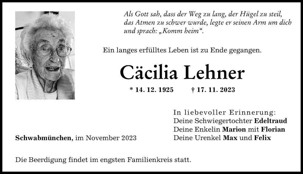 Traueranzeige von Cäcilia Lehner von Schwabmünchner Allgemeine