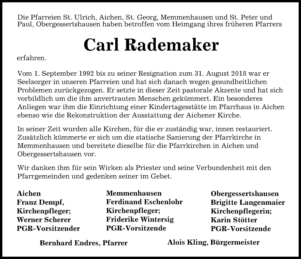 Traueranzeige von Carl Rademaker von Mittelschwäbische Nachrichten
