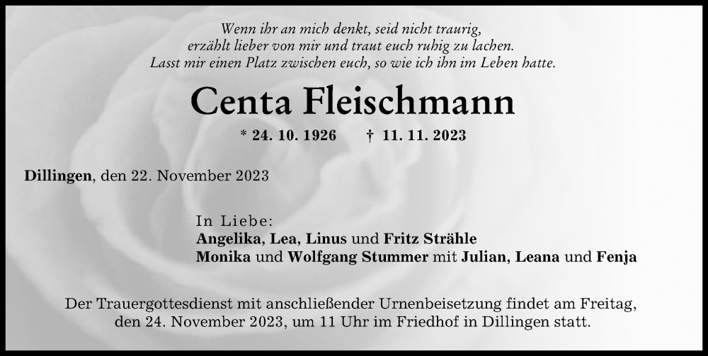 Traueranzeige von Centa Fleischmann von Donau Zeitung