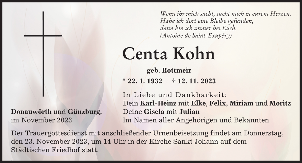 Traueranzeige von Centa Kohn von Donauwörther Zeitung