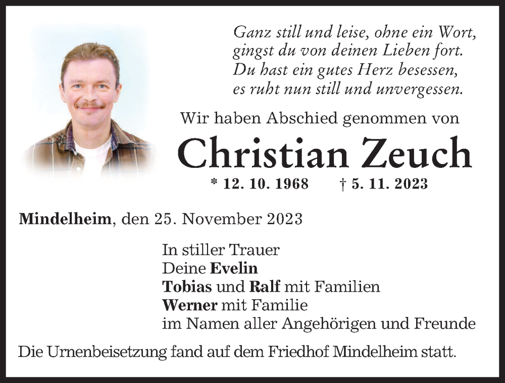 Traueranzeigen Von Christian Zeuch | Augsburger Allgemeine Zeitung