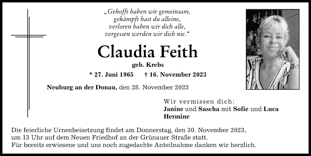  Traueranzeige für Claudia Feith vom 28.11.2023 aus Neuburger Rundschau