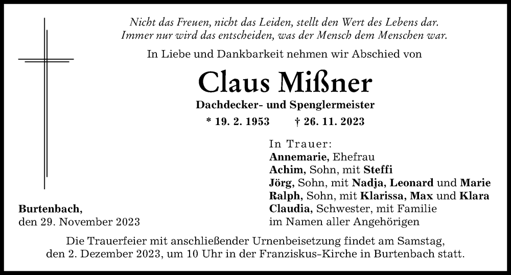  Traueranzeige für Claus Mißner vom 29.11.2023 aus Mittelschwäbische Nachrichten, Günzburger Zeitung