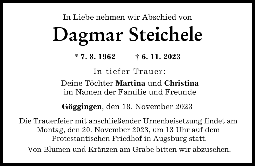 Traueranzeige von Dagmar Steichele von Augsburger Allgemeine