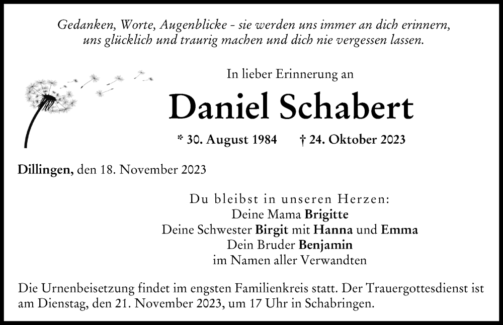  Traueranzeige für Daniel Schabert vom 18.11.2023 aus Donau Zeitung