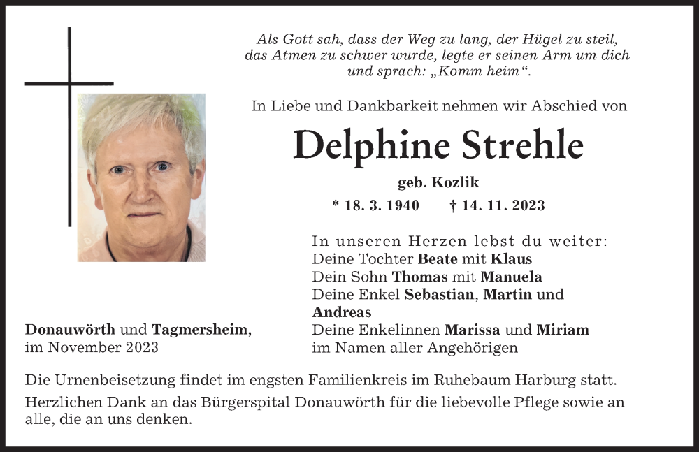 Traueranzeige von Delphine Strehle von Donauwörther Zeitung