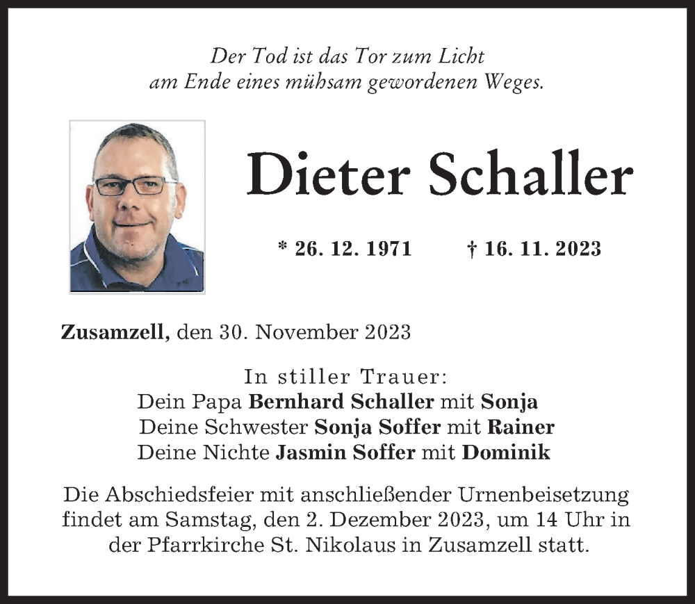  Traueranzeige für Dieter Schaller vom 30.11.2023 aus Augsburg-Land