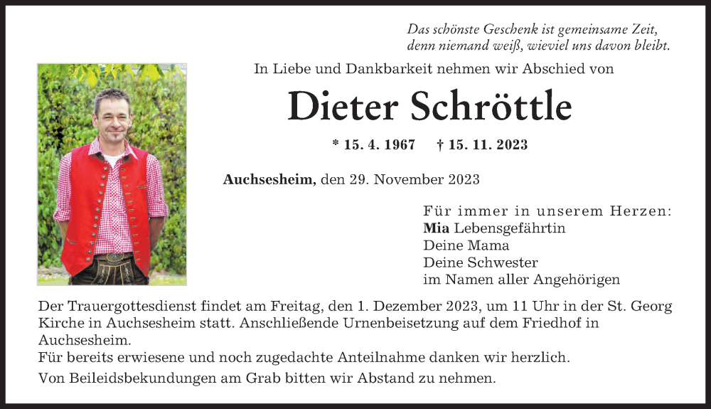  Traueranzeige für Dieter Schröttle vom 29.11.2023 aus Donauwörther Zeitung