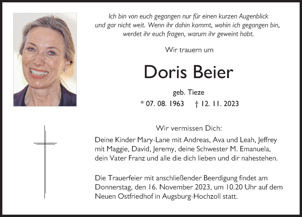 Traueranzeige von Doris Beier von Augsburger Allgemeine