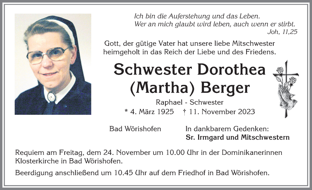 Traueranzeige von Dorothea Berger von Mindelheimer Zeitung