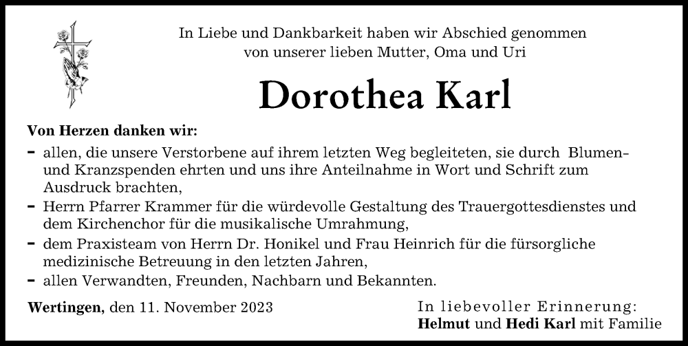 Traueranzeige von Dorothea Karl von Augsburg-Land