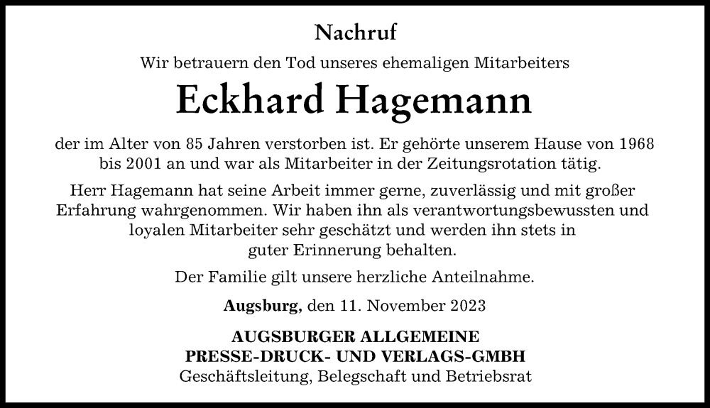 Traueranzeige von Eckhard Hagemann von Augsburger Allgemeine